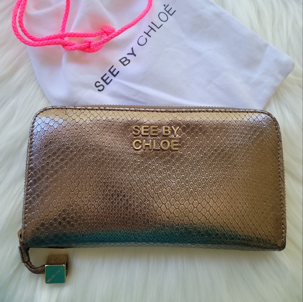 RARE SEE BY CHLOE Metallic Gold Zip-Around Python Snake Pattern Long Wallet